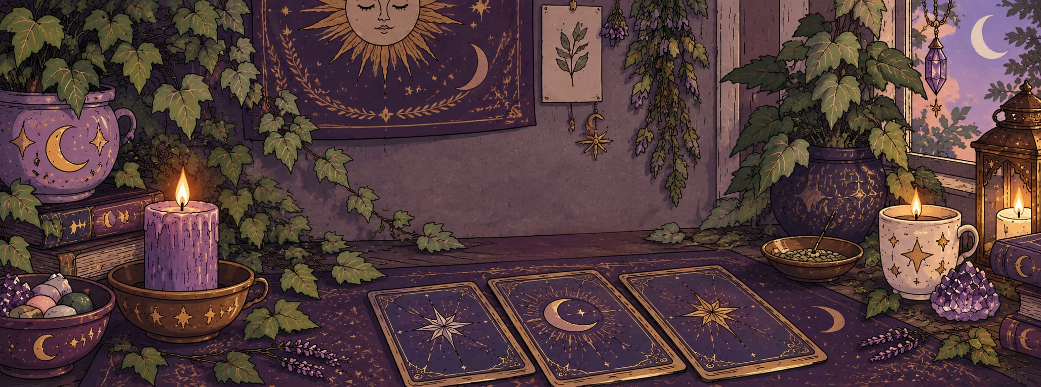 Ilustração de um recanto místico em tons de roxo: três cartas de tarot sobre a mesa, velas acesas, cristais de ametista, heras e uma tapeçaria com sol e lua.